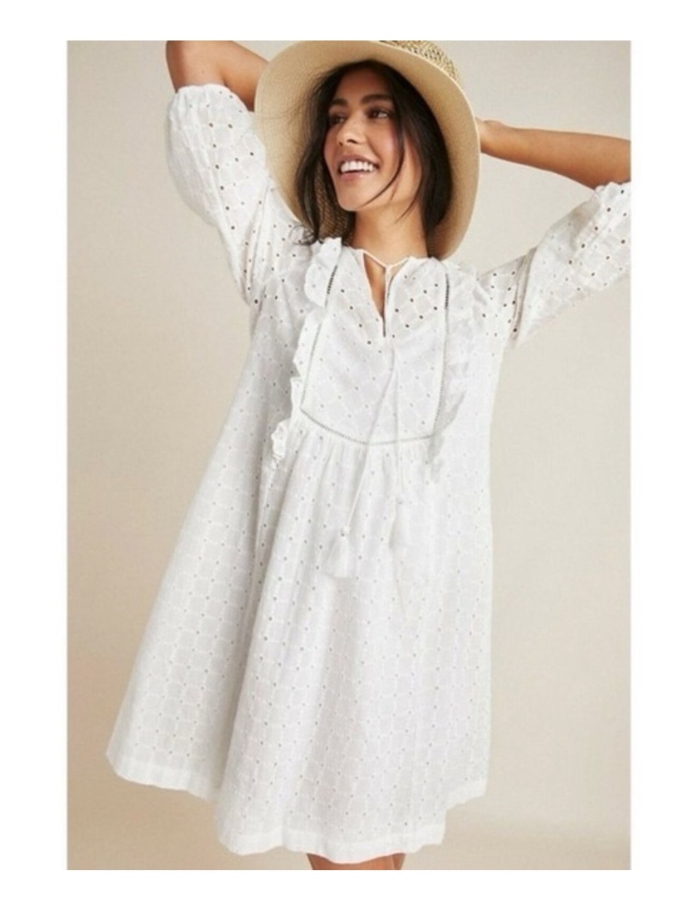 Anthropologie Dress Womens 12 White Eyelet Lace Ruffle Tassel Shift Boho Mini